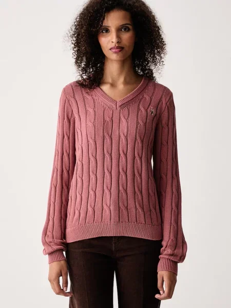 U.S. Polo Assn. pulover pentru femei din V-NECK CABLE roz