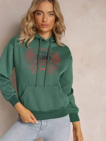 Bluză la Modă cu Imprimeu și Glugă Decorată cu Imprimeu Arinalu verde