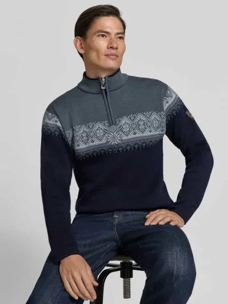 Sweter wełniany z kołnierzem zapinanym model Moritz' Dale Of Norway granatowy