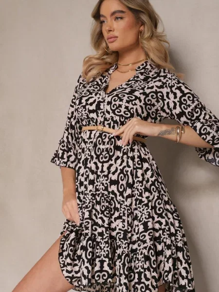 Sukienka o Rozkloszowanym Kroju w Etniczny Print Zalivine czarna