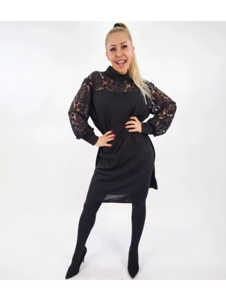 Obleka midi obleka Pri s čipko nad koleni črna