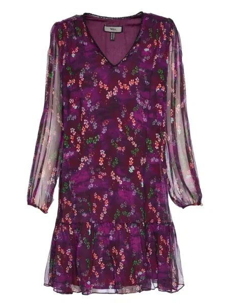 Jedwabna sukienka mini Nissa w kwiatki garniturowa fioletowa