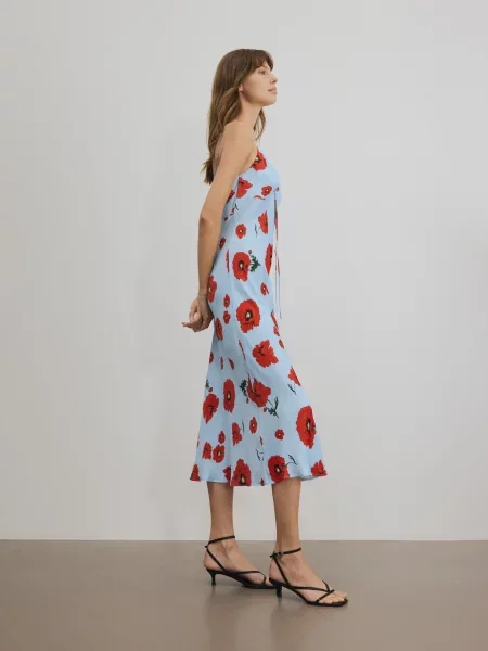 Платье миди Reserved в цветочек с принтом голубое