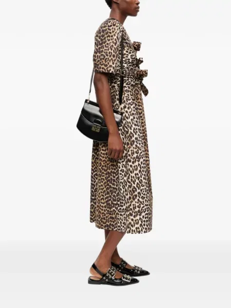 Rochie midi Ganni cu funde cu model leopard