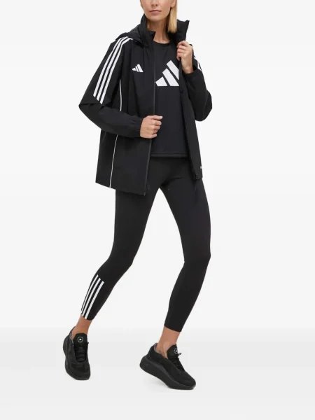 Geacă cu puf Adidas din piele de căprioară cu dungi cu glugă albastru