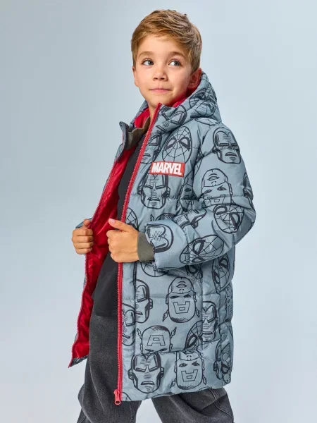 Sinsay Prošívaná puffer bunda s kapucí Marvel šedá