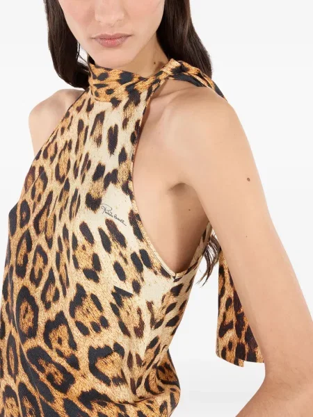 Top Roberto Cavalli cu imagine cu model leopard cu gât halter maro