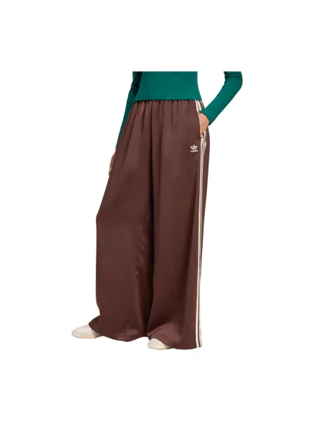 Satynowe szerokie spodnie dresowe Adidas do biegania brązowe