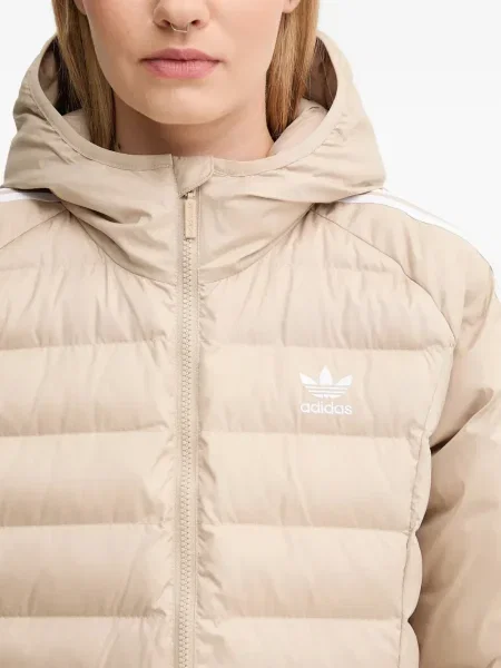 Geacă parka Adidas cu dungi cu glugă cu șireturi albastru