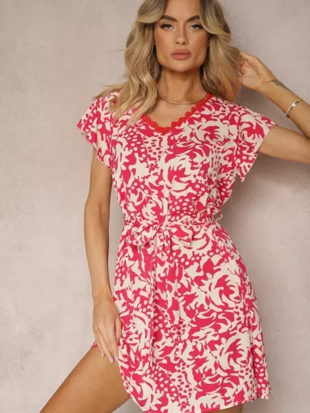 Rochie Roșu-Bej cu Decolteu din Plasă cu Mânecă Scurtă și din Mleasa bej