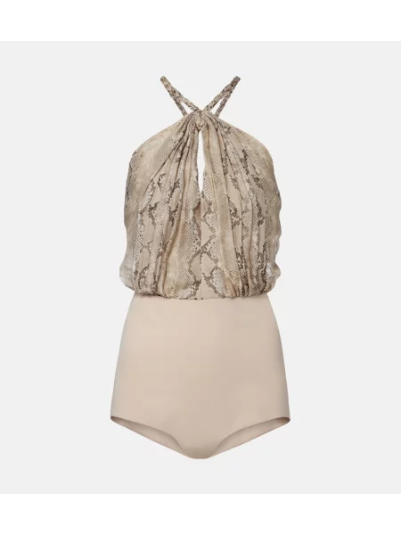 Jedwabna sukienka maxi Elie Saab z nadrukiem w wężowy wzór beżowa