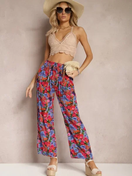 Fioletowo-Różowe Spodnie z Prostą Nogawką High Waist w Kwiatowy Wzór Zaranima fioletowe