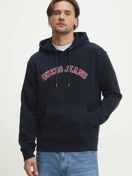 Bombažen pulover Guess Jeans mornarsko s kapuco modra