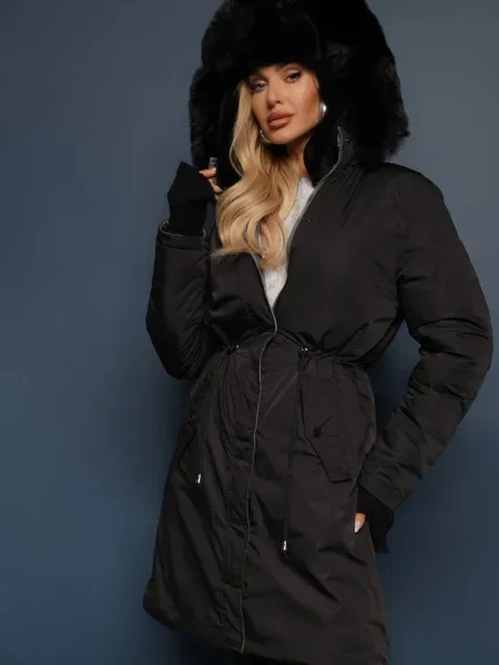 Gri-Negru Lung Jacheta Palton cu Față Dublă cu Glugă Astrae negru