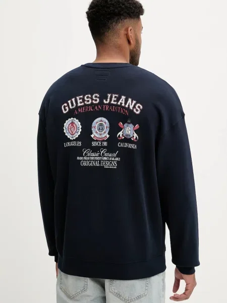 Bombažen pulover Guess Jeans mornarsko modra