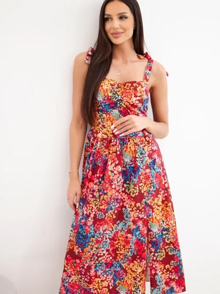 Rochie midi Kesi Włoski cu model floral cu legături portocaliu
