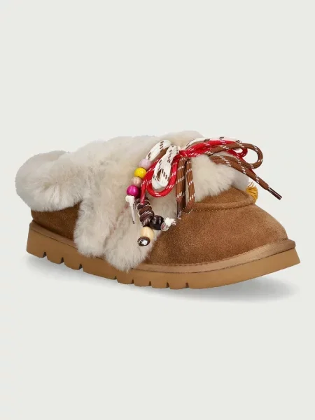 Nokwol papuci de casă pentru femei din piele întoarsă April Chestnut Hairy Suede maro