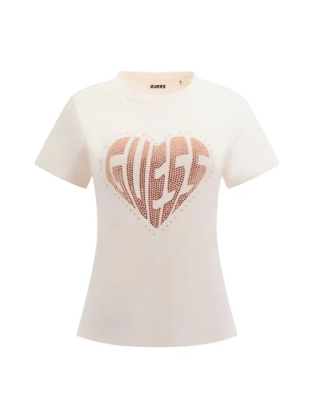 T-shirt z detalem z logo model ‘JULIA’ Guess beżowa