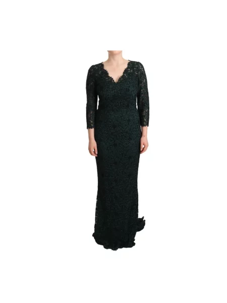 Długa sukienka maxi Dolce And Gabbana w kwiatki koronkowa zielona