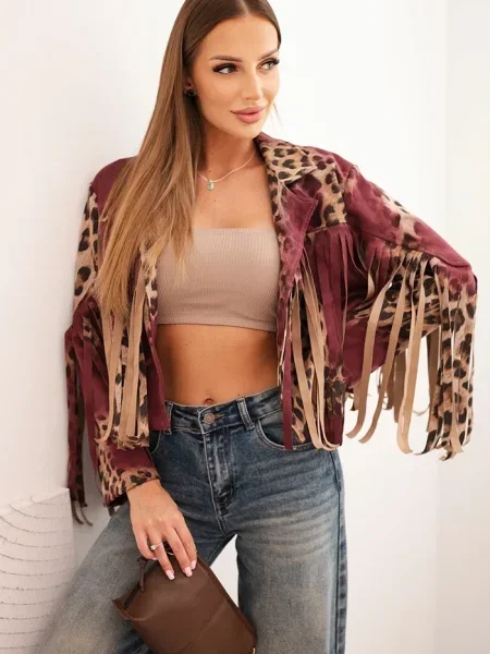 Geacă Kesi Włoski cu franjuri din piele de căprioară cu model leopard negru