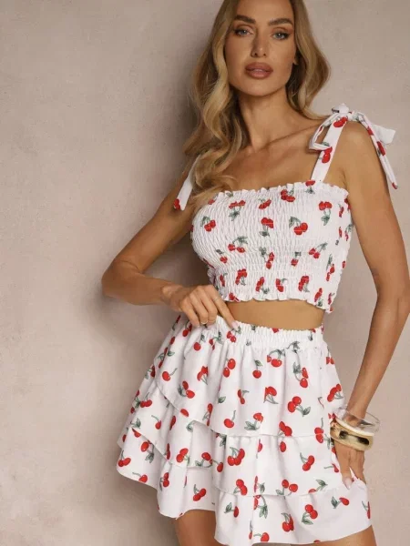 Komplet Top z Kokardkami i Spódnica w Print z Wisienkami Talitora biały