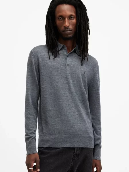 Вълнен пуловер AllSaints MODE MERINO мъжки тъмносиньо от лека материя сиво