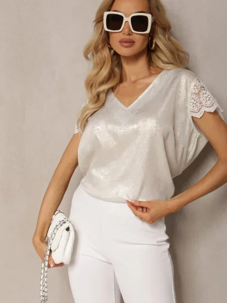 Bluză Casual cu Dantelă și Mânecă Scurtă Garista argintie