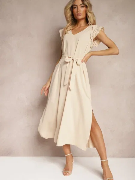 Rochie cu din decorată cu șlițuri și zirconii cu volan Holline bej