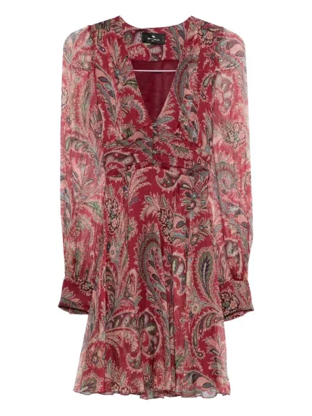 Sukienka mini Etro z nadrukiem z dekoltem w serek z wzorem paisley czerwona