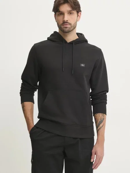 Bombažen pulover Calvin Klein Jeans s kapuco črna