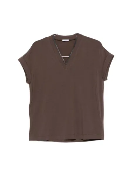 Koszulka Brunello Cucinelli z cekinami z dekoltem w serek brązowa