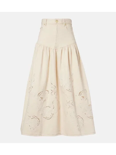 Fustă din denim Ganni cu broderie bej