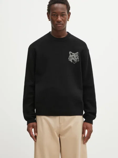 Maison Kitsuné pulover de lână Fox Head Intarsia Merino negru
