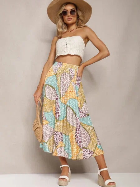 Fustă Midi din Satin Galben-Albastru cu Pliuri Vaitera albastru