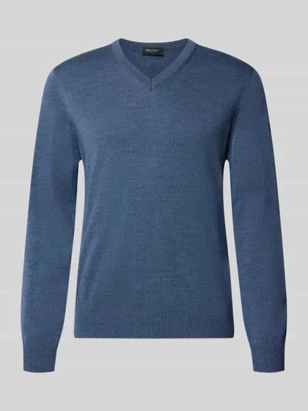 Sweter z dzianiny o kroju regular fit z czystej żywej wełny z dekoltem w serek Maerz Muenchen granatowy