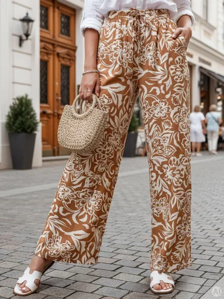 Spodnie materiałowe wide leg TROPICAL SUN kamelowe Dstreet