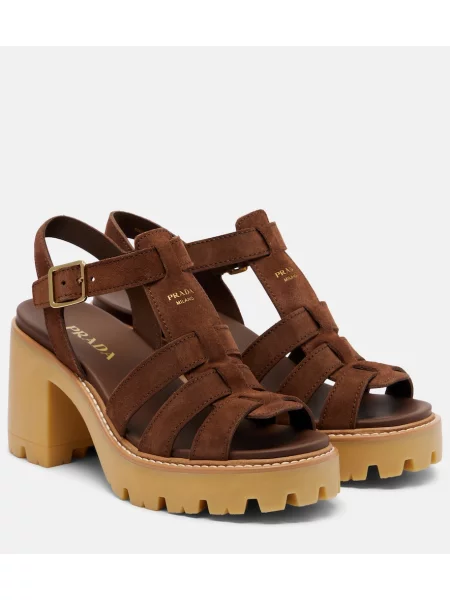 Sandale Prada din piele de căprioară cu platformă maro