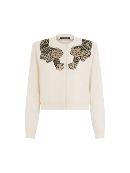 Kardigan Roberto Cavalli wełniany w tygrysie prążki beżowy