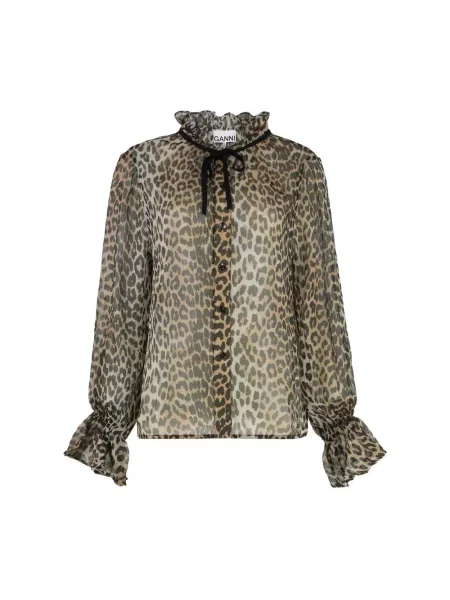 Wielobarwność koszula Ganni szyfonowa w panterkę