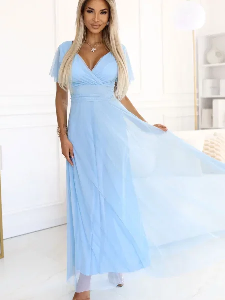 Krótka sukienka maxi Numoco Basic z krótkim rękawem garniturowa niebieska