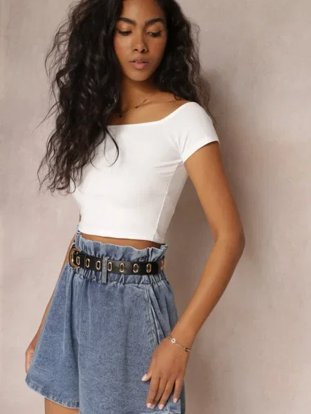 Blugi Scurți Denim cu în Talie și din Imitatie de Piele Alyssania albastru