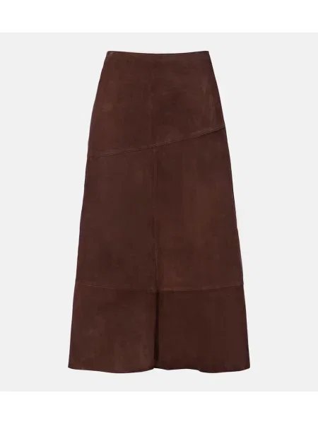 Fustă midi Yves Salomon din piele de căprioară până la genunchi maro