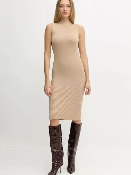 Armani Exchange sukienka z dodatkiem wełny mini dopasowana beżowy
