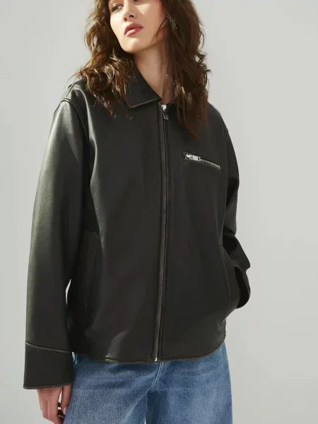 Medicine kurtka biker skórzana przejściowa oversize brązowy