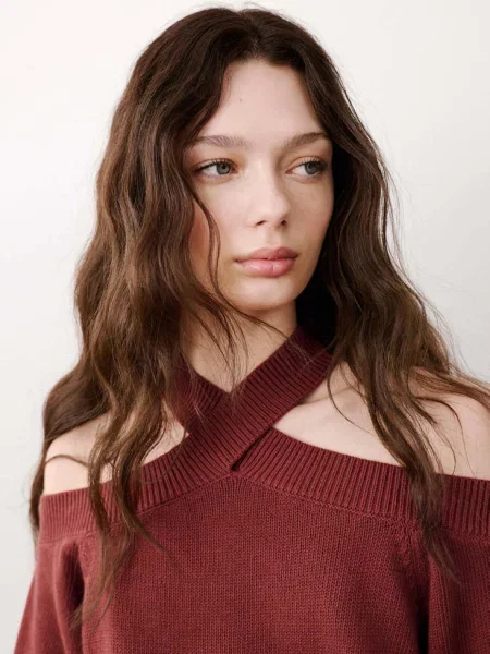 Sweter z dzianiny ze skrzyżowanym elementem przy dekolcie intensywny Teen XXS MANGO TEEN pomarańczowy