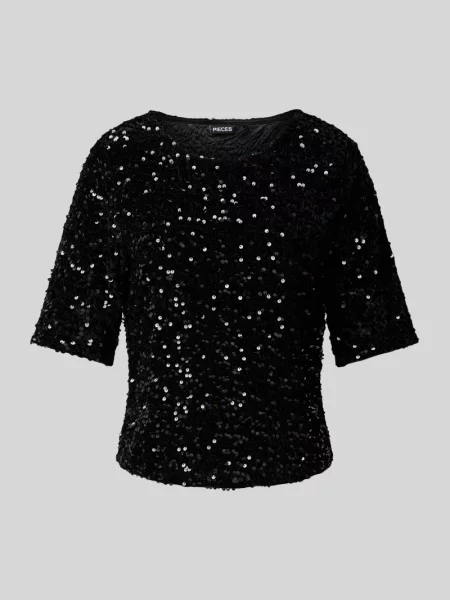 T-shirt o kroju regular fit z cekinowym obszyciem model ‘KAM’ Pieces czarna