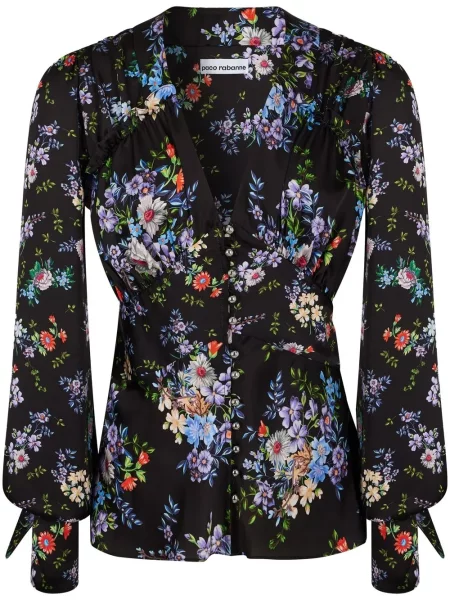 Jedwabna koszula Rabanne w kwiatki z nadrukiem czarna