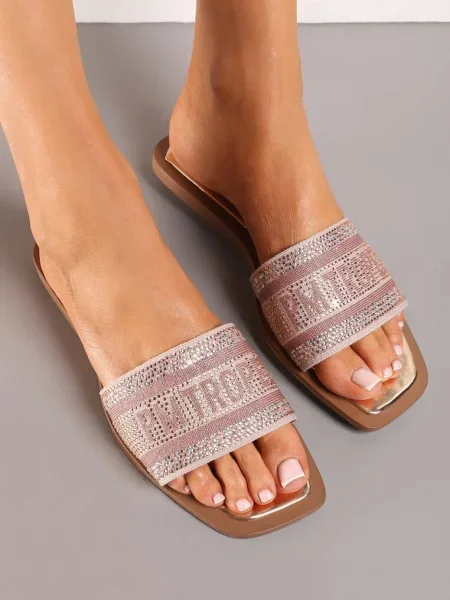 Papuci de casă Șampanie cu Pietre Strass și Inscripție cu Vârf Pătrat Buria auriu