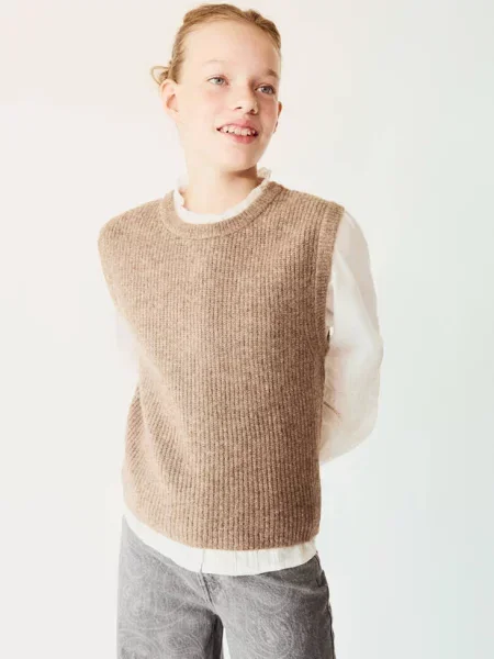 Sweter z dzianiny z falbankami średni Dzieci lata MANGO KIDS brązowy