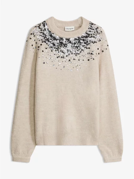 Sweter z kolorowymi cekinami beżowy